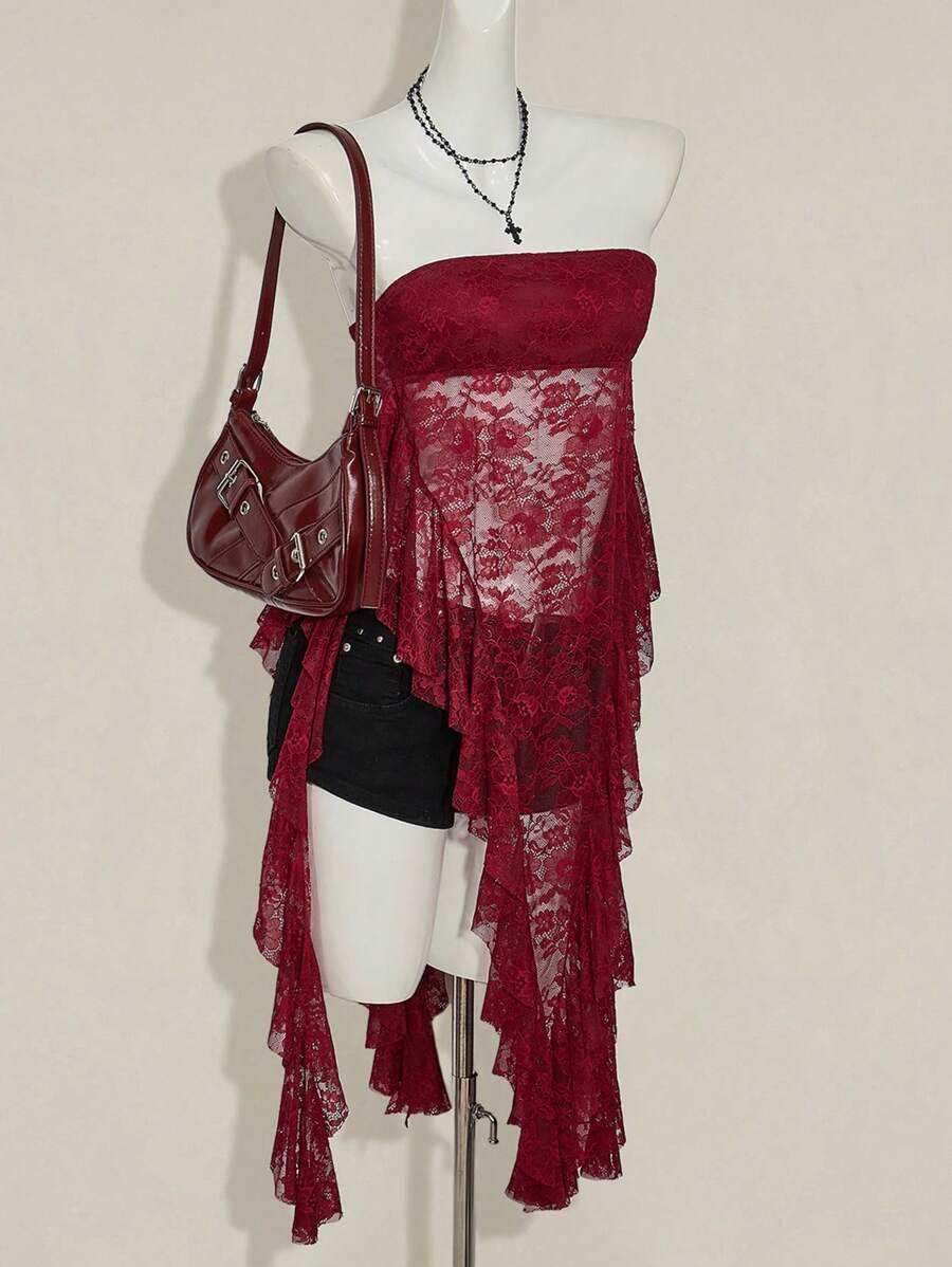SHEIN ICON Parte superior de tirantes con volantes y encaje de bajo asimétrico para mujer