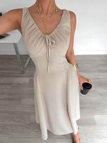 Siren Gaze Women's Elegant Grey Summer Linen Dress,Sleeveless U-Neck Pleated Tie-Cinched Waist Hollow Long Dress,Fashionable Casual Office Commuting Evening Wear - Apricot - View 4