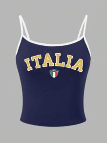 INAWLY Y2K Italy Letter Graphic Camisole Top Graphic Tees Women Tops - Navy Blue - View 4