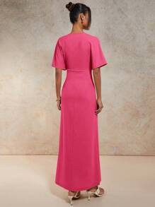 COSMINA Vestito lungo elegante da donna con scollo a V, maniche a pipistrello, vita stretta, colore unito