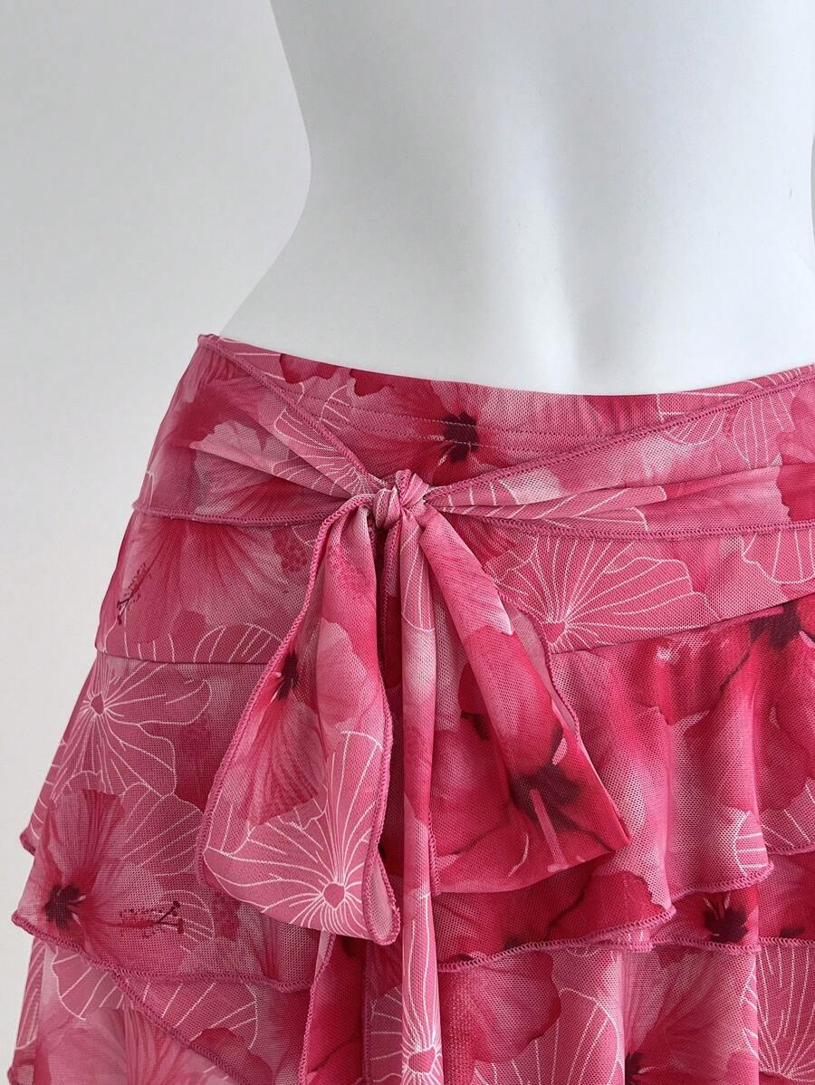 Elamini Spring/Summer Boho Tropical Floral Layered Ruffle Trim Low Waist Mini Skirt - Pink - View 1