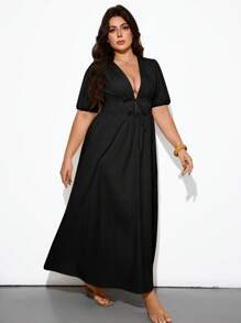 Maija 2025 Autumn Black Plus Size Women Dress, Solid Color Casual Elegant Deep V-Neck Puff Sleeve Cinched Waist A-Line Long Dress, With Bowknot & Ruffle Decor  Plus Size Black Dress Plus Size Vacation Dress Plus Size Casual Dress Plus Size Beach Dress Plus Size Maxi Dress - Black - View 5