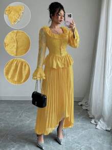 Modelyn 女士修身方领喇叭袖两件套 - 黃色 - 查看 4