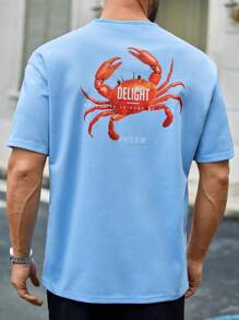 Manfinity VCAY 男士夏季新款浅蓝色螃蟹图案T恤，趣味海洋主题设计，宽松版型，男士休闲螃蟹印花针织宽松圆领T恤，适合日常穿着。 - 藍色 - 查看 7