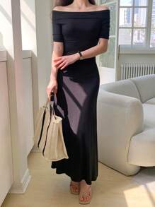 DAZY 女式露肩褶饰紧身中长连衣裙 - 黑色 - 查看 5