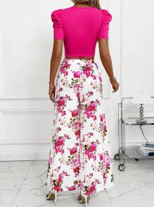 SHEIN Clasi 2件套女士优雅花卉印花阔腿裤和针织套头衫