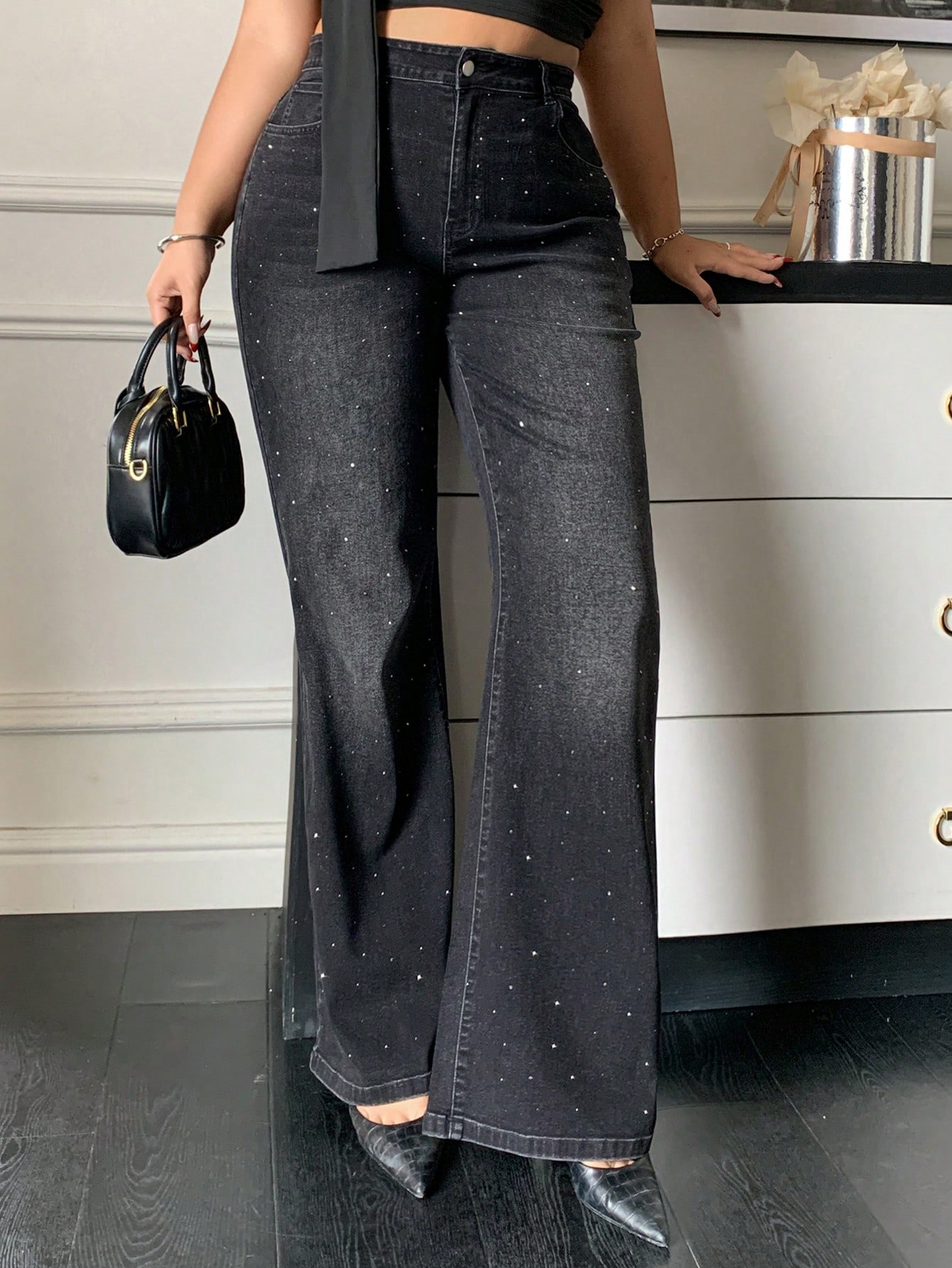 Dazy Plus سروال جينز ضيق مطاطي مشوه مغسول باللون ا...