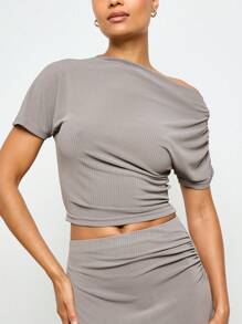 AiiRZ 罗纹不对称套装，带褶饰细节，适合秋冬派对俱乐部场合中长款晚装 - 灰色 - 查看 4