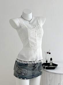 Elamini 复古镂空撞色蕾丝腰收腰吊带背心 - 白色 - 查看 6