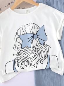 SHEIN 女宝宝两件套休闲插肩圆领卡通图案T恤和裤子套装 - 藍色 - 查看 3