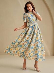 Anewsta فستان مزخرف بنقوش الأزهار مع إضافات دانتيل وتصميم مشدود للخصر، أنيق وقابل للتنوع التصاميم