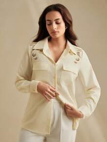 Anewsta Anewsta Women's Elegant Hollow Out Embroidered Blouse