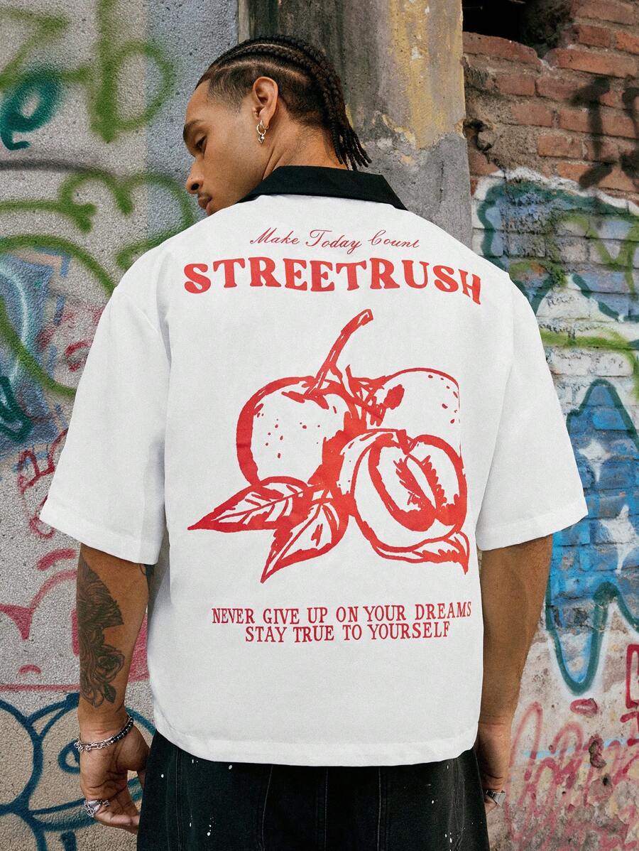 Manfinity Streetrush Camisa de manga corta con botones y estampado de letras y frutas de color contrastante para hombres