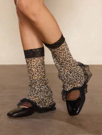 Grunge Punk 1 par de calentadores de piernas con estampado de leopardo marrón inspirado en Y2K, calentadores de piernas de encaje con diseño de volantes de lunares multicapa, calentadores de piernas de encaje y organza de subcultura únicos