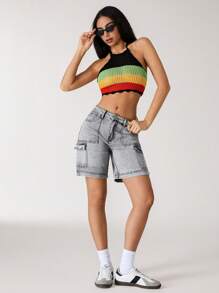 SHEIN ICON 女士休闲水洗牛仔工装短裤，夏季 - 灰色 - 查看 3