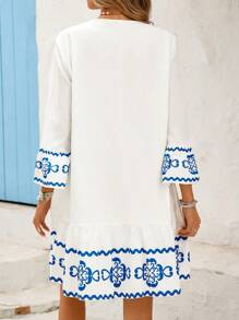 Vivid Eden Women's Graphic Print Cutout Neck Casual Vacation Long Sleeve Mini Dress, Vacation Dress, Embroidered Dress, Blue And White Dress, White Boho Dress,Vacation Style Beach Print Loose Fit Dress,Blue & White Floral Print Midi Shift Dress,Vacation,Vacation Style,