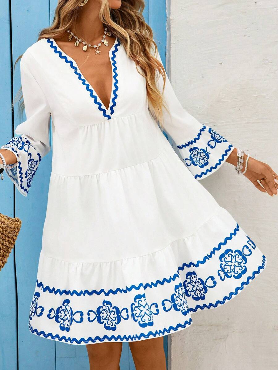 Vivid Eden Women's Graphic Print Cutout Neck Casual Vacation Long Sleeve Mini Dress, Vacation Dress, Embroidered Dress, Blue And White Dress, White Boho Dress,Vacation Style Beach Print Loose Fit Dress,Blue & White Floral Print Midi Shift Dress,Vacation,Vacation Style,