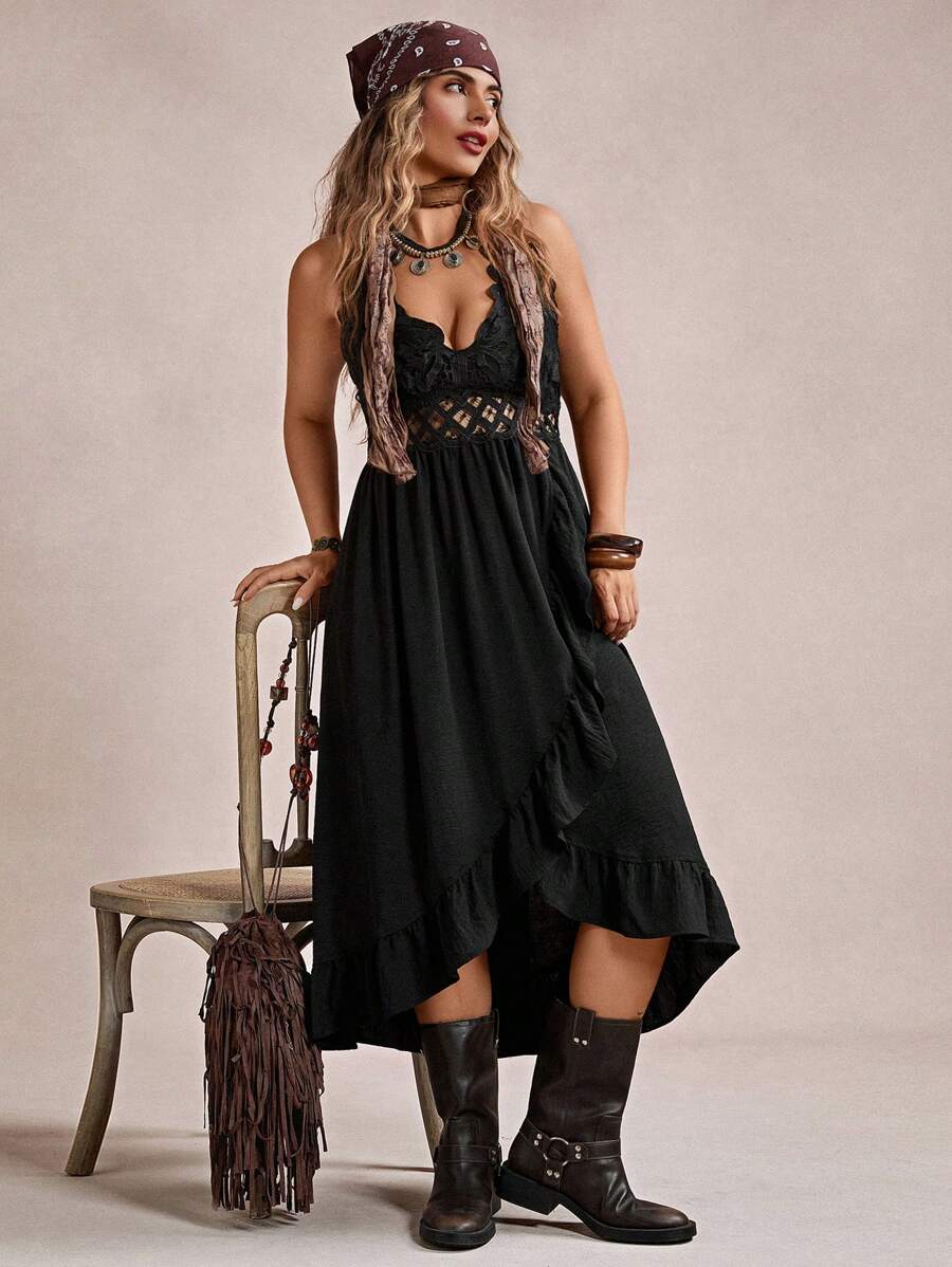 Freevana Plus Size Vacation Casual Lace Splicing Ruffles Hem Cami Dress,Beach Dress Sundress,Holiday Outfits Boho - Black - View 1