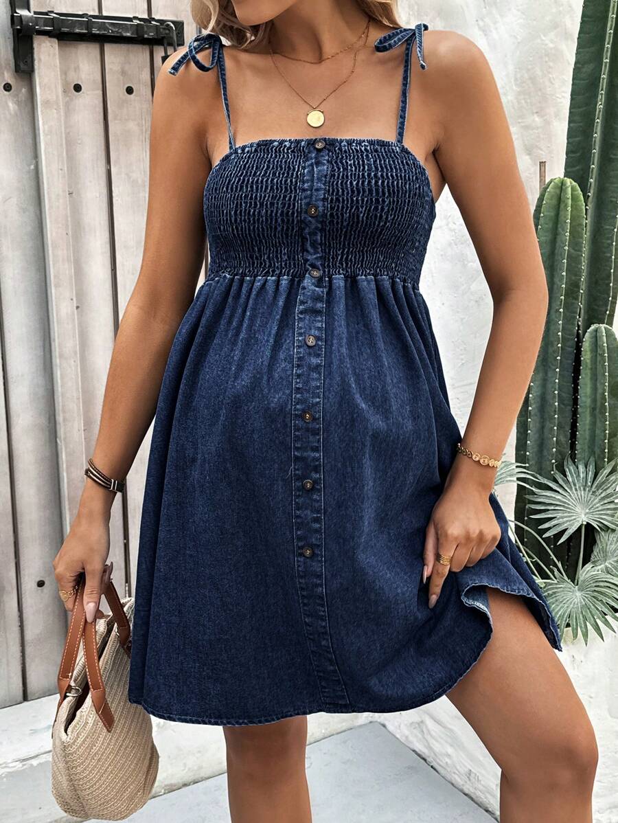 SHEIN Maternity Casual Loose Drawstring Strap Denim Jumpsuit - Dark Wash - View 1