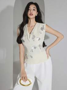 Heiryn Bluză elegantă de vară pentru femei, cu guler înalt, fără mâneci, cu decor de paiete