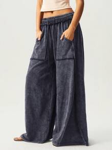 Bohemela Casual Knitted Snow-Washed Solid Color Patchwork Loose Wide-Leg Washed Women's Pants Wide Leg Pants Palazzo Pants Flowy Pants Oversized Pants Loose Pants - Grey - View 5