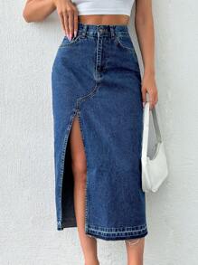 EURMUSE Zipper Fly Raw Edge Split Thigh Denim Skirt - Dark Wash - View 3