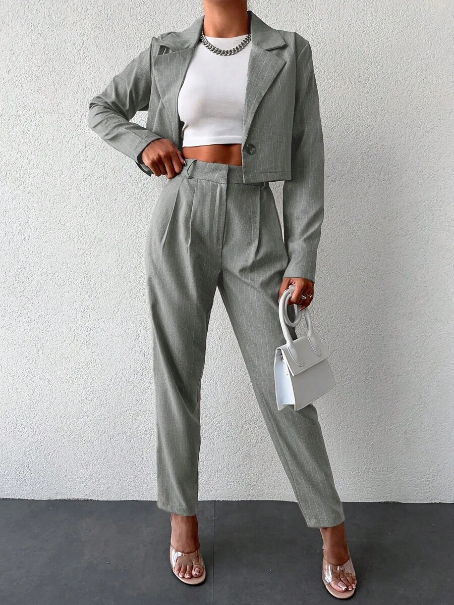Blazer crop de cuello con solapa & Pantalones con fruncido - Gris - Ver 1