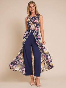 Amorya 女式优雅花卉印花拼接高开衩无袖连体裤，夏季 - 彩色 - 查看 7