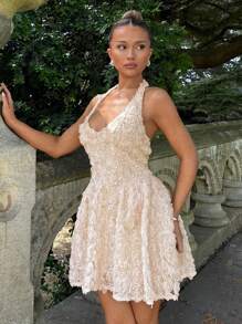 Relinas Elegant Solid Color 3D Floral Halter Neck Dress, Women Dresses Champagne, Elegant Short Dress, Cream Dress, Champagne Dress, Rose Dress, 3d Rose Dress