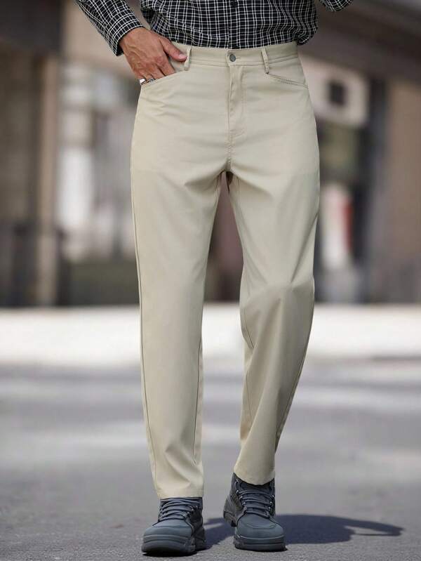 Manfinity Homme Pantalones casuales de ajuste slim con bolsillo oblicuo de unicolor, estilo de oficina para hombres