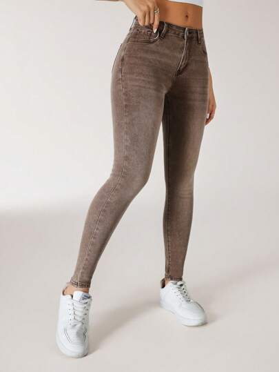 SHEIN ICON Plus Size Women Retro Street Chic Coffee Brown Denim Skinny Jeans
