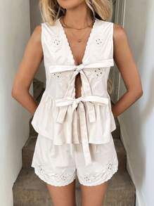 SHEIN LUNE 女士两件套日常装 系带前上衣 商务休闲度假两件套 商务休闲女士度假装 女士蜜月装 女士沙滩装 - 杏色 - 查看 4