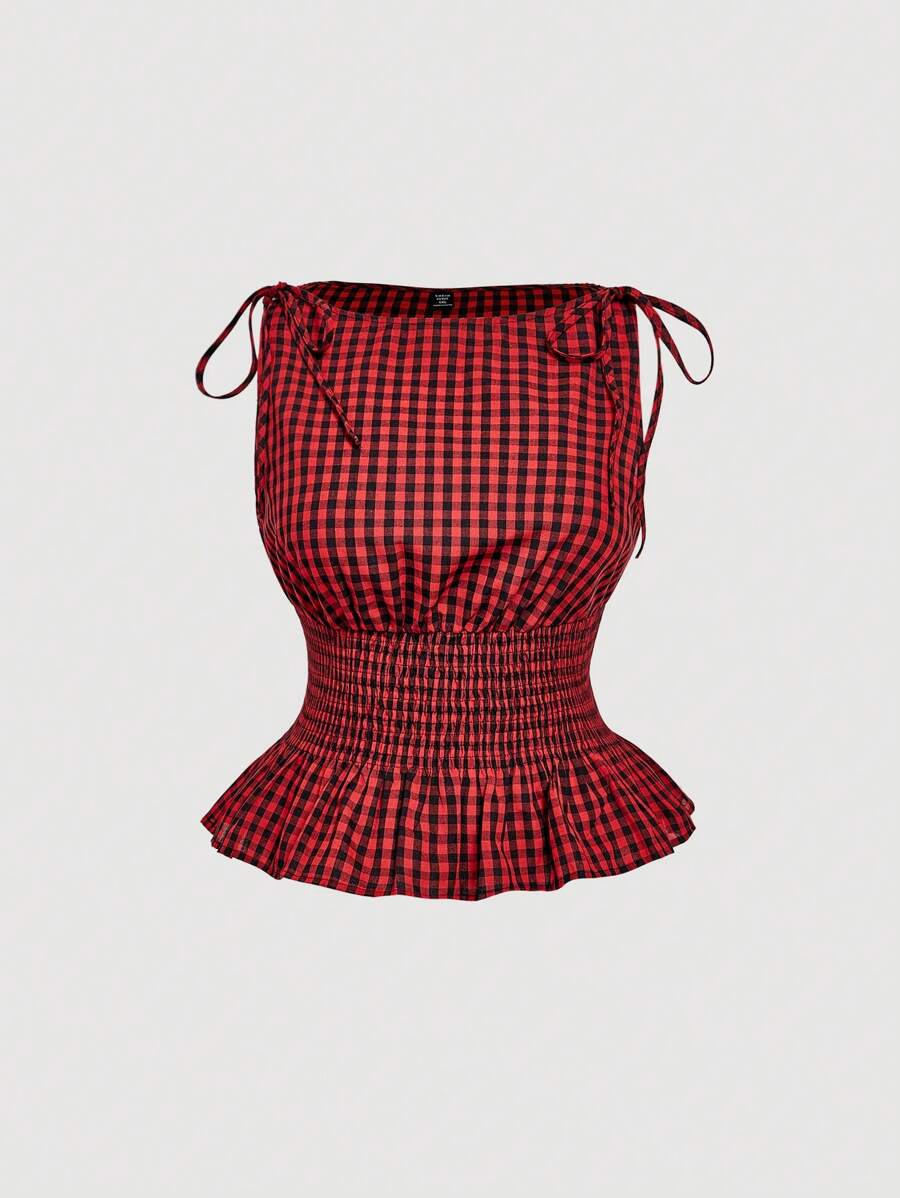 SHEIN MOD Regata Ajustada na Cintura com Laço nos Ombros, Xadrez Preto e Branco, Tamanhos Grandes - Preto - Visão 1