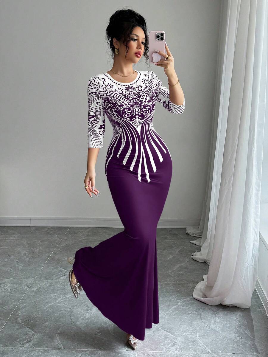 Modelyn فستان نسائي قصير الأكمام مطبوع رقميًا