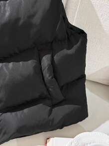 SHEIN Tween Girls Black Short Stand Collar Zipper Front Padded Coat, Casual Fashion Street Style Kids Vest Black Puffer Vest Kids Black Vest Girls Vest,In Fall/Winter