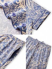 LUVLETTE 女士透气棉质图案短袖纽扣上衣和裤子透气家居睡衣套装裤子带口袋内衣 - 藍色 - 查看 3