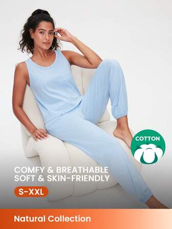 LUVLETTE Soft Cotton Basic Casual-Sporty Tank Top & Pants Loungewear Airy Pajama Set Sport Casual Comfy Outfits Active Pants With Pockets  Lingerie As Outerwear