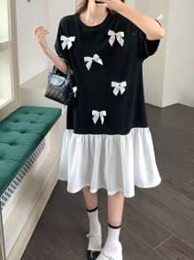 SHEIN 少女黑色休闲街头服饰撞色蝴蝶结拼接白色下摆宽松落肩短袖中长连衣裙，适合返校装、休闲装、春季假日、度假装、派对装、优雅装、返校装、节日家庭户外春季野餐装、日常穿着 - 黑與白 - 查看 4