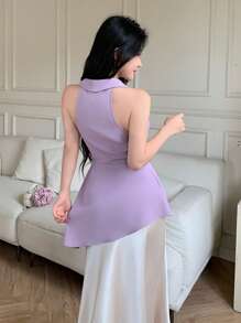 Modelyn Women's Sleeveless Solid Color 3D Floral Decor Elegant Blouse