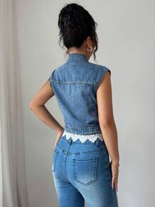Elenzga Fashionable Elegant Ruffle Hem Sleeveless Denim Jacket - Light Wash - View 2