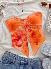 Soleia Casual Resort Style Orange Tie-Dye Tropical Hibiscus Floral Print Sexy Women's Asymmetric Hem Strapless Top, Suitable For Summer Beach Vacation,Tube Top - Multicolor - View 7