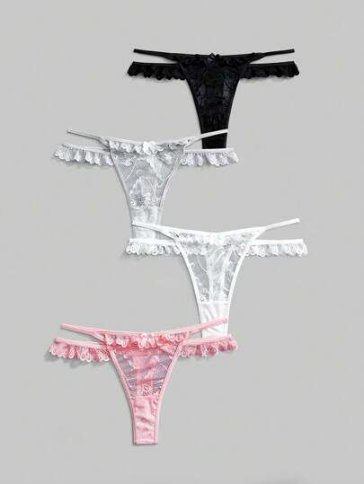 4pcs Sexy Lace Double Waist Strap Bowknot Thong Set
