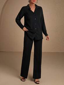 EURMUSE Set da 3 pezzi per donne: giacca monopetto a maniche lunghe a spalla cadente e pantaloni tinta unita, casual - nero - Visualizzare 7