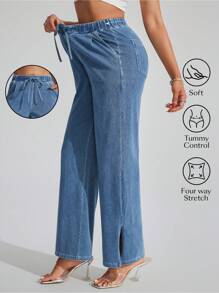 SHEIN Essnce FlexDen 女式宽松弹力针织腰直筒牛仔裤，苹果裤，适合日常穿着