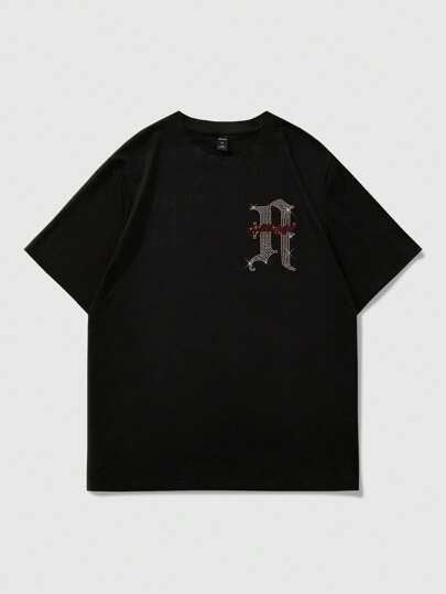 Camiseta de manga corta de verano para hombre con gráfico de texto en inglés con piedras rhinestone, para rave