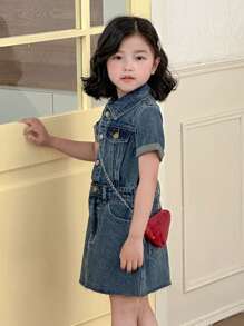 Dazy Kids Young Girl' Collared Short Sleeve Denim Dress, Fall - Blue - View 3