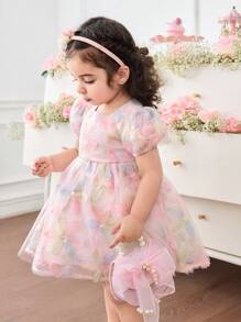 SHEIN Baby Girl Pink Floral Princess Dress,Summer Cute Birthday Exquisite Three-Dimensional Print Mesh Puff Sleeve Elegant Dress,Skin-Friendly Fabric - Multicolor - View 5