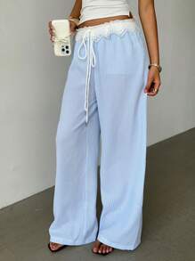 Siren Gaze Women's Lace Ruffle Waisted Loose Blue And White Striped Straight Casual Pants, Beach Pants, Summer Wide Leg Pants Summer Trousers Low Rise Pants Vacation Outfits Woman