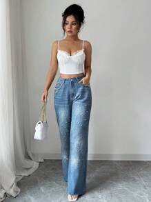 Elenzga Damen Jeans mit mittlerer Leibhöhe, gerader Beinform, Stickerei- und Strass-Verzierung