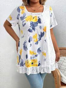 EMERY ROSE Plus Size Women Floral Ruched Print Contrast Lace Trim Relaxed Fit Summer Knitted T-Shirt - Multicolor - View 4